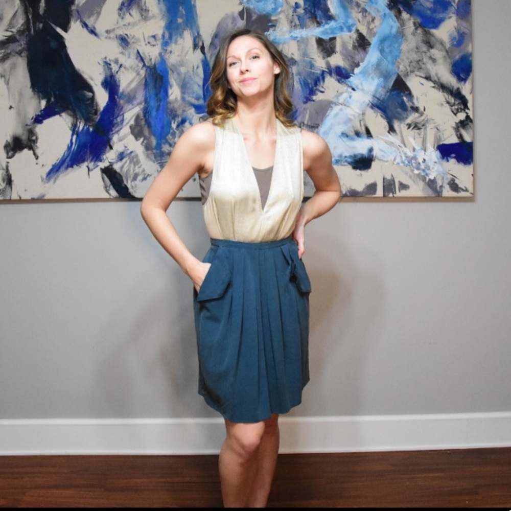 Geren Ford Silver/Aqua Silk dress with pockets